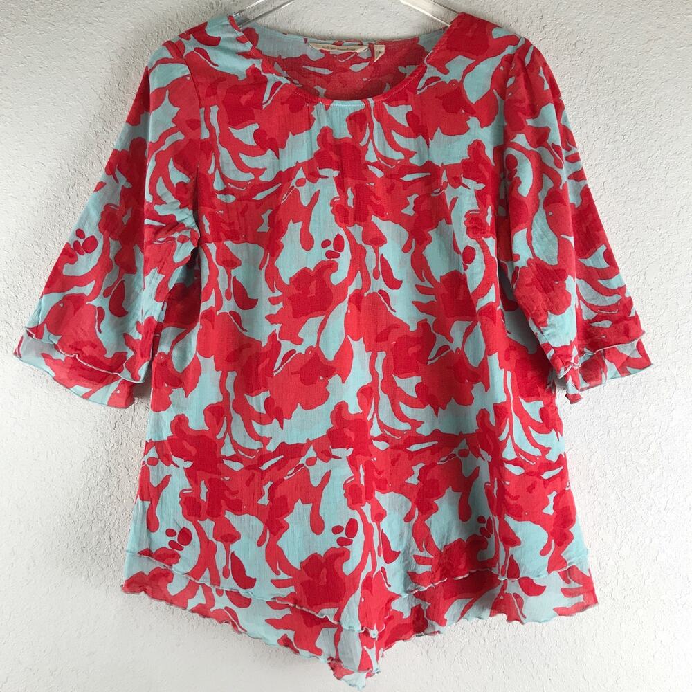 Soft Surroundings Siesta Key Tunic Cotton Gauze Lettuce Edge Pointed Hem Floral